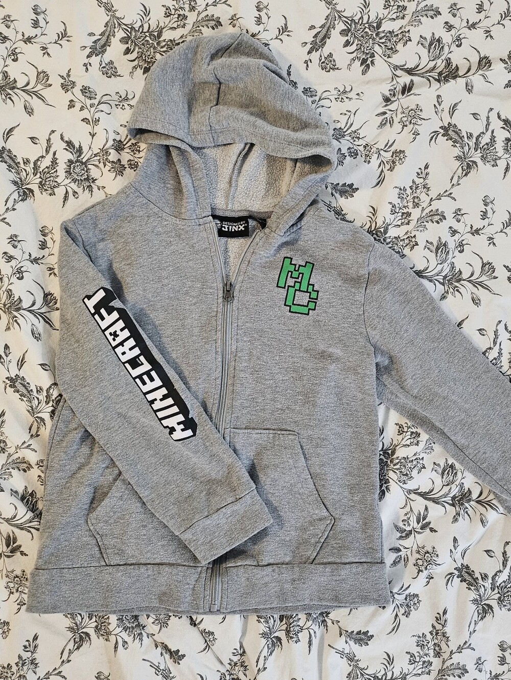 Kids' Gray Minecraft Zip-Up Hoodie with Green Pixel Logo